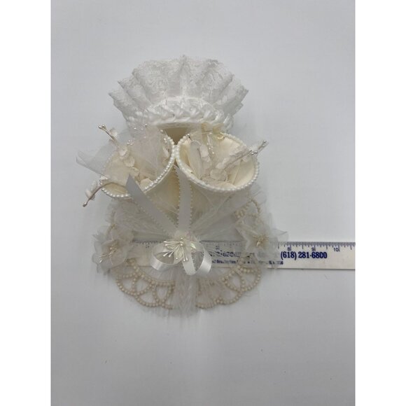 Vintage Ivory Lace Heart Shaped with Wedding Bells Tulle Flowers Cake Topper - Picture 11 of 13